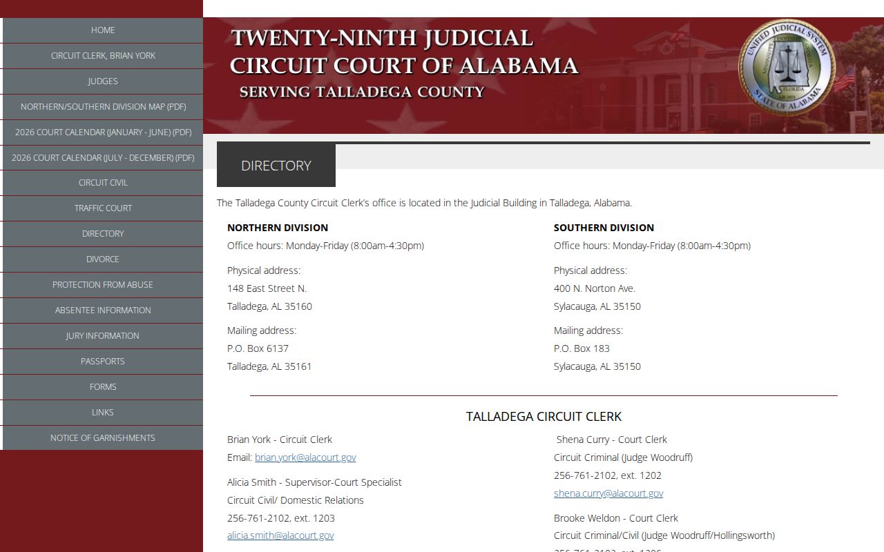 Talladega County Circuit Clerk directory for court docket requests