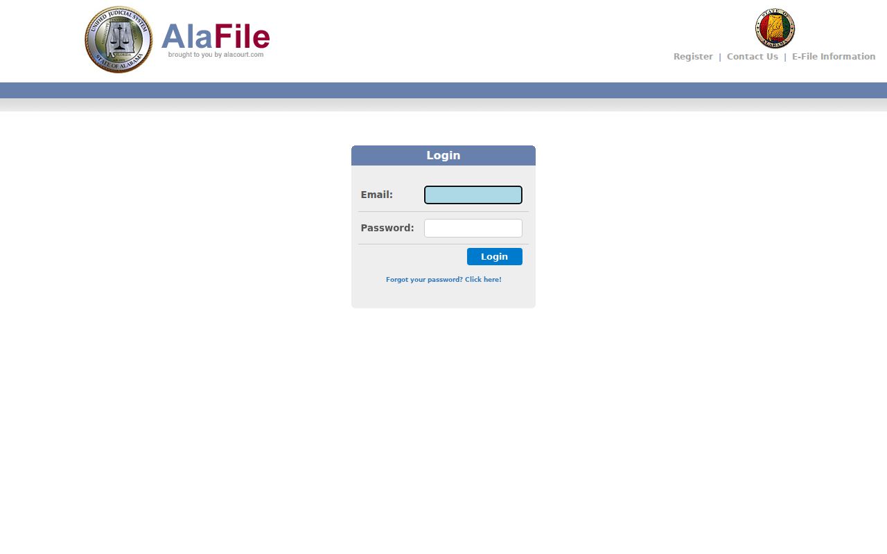 Alabama AlaFile electronic filing login page