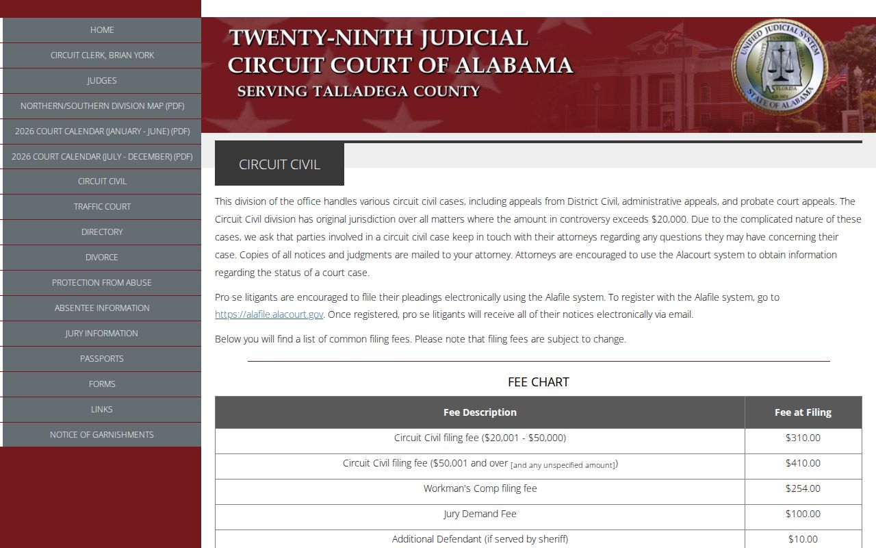 Talladega County civil docket Circuit Civil division and fees