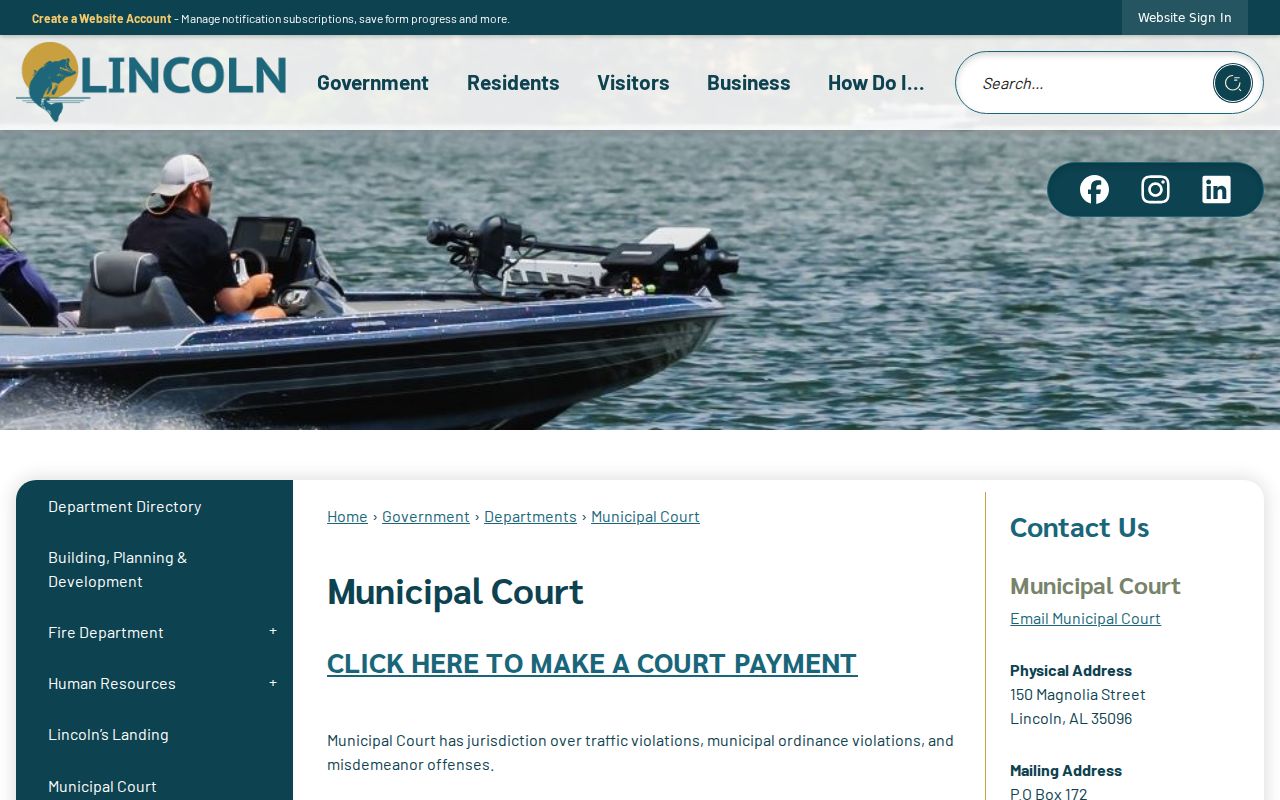 Lincoln Municipal Court page with Lincoln court docket schedule and payment rules