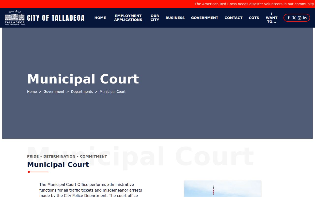 Talladega Municipal Court page with Talladega court docket information